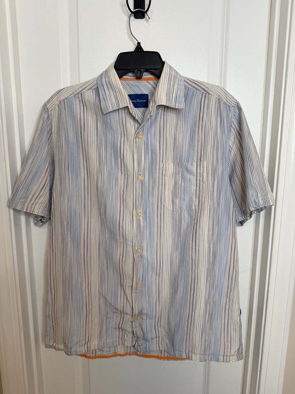 Tommy Bahama Blue White Striped Short Sleeve Button Down Shirt Medium